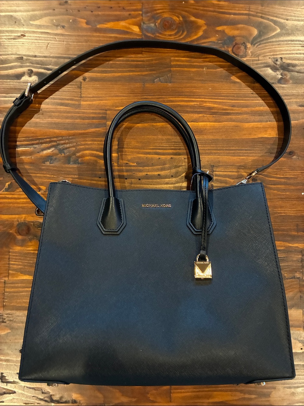 MICHAEL KORS Black Saffiano Leather Tote with Gold Hardware